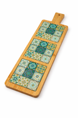 Long Wooden Serving Plate with Decorative Tile Design
