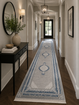 Kervan AK187 grey and blue Turkish runner rug 80 x 300 cm laid along a hallway showing long woven pattern