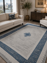 Close detail of Kervan A7114 gray and blue Turkish rug showing soft 12 mm pile and woven texture