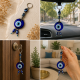 Evil eye keychain displayed in various settings including a car, door, and living room.
