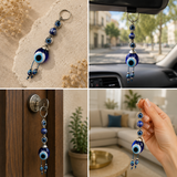 Collage of blue evil eye decorative items in various settings.