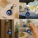 Collage of a blue evil eye keychain in various settings.