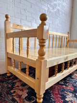 Side profile of light wood sedir bench showing pale grain and 70cm wide solid timber seat