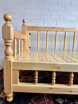Handmade Gaziantep light wood sedir bench used as a low three-seater base for floor cushions
