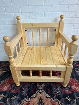 Single light rustic wood majlis seat with grounded low frame handmade in Gaziantep Turkey for traditional seating
