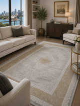 Kervan A7114 gray and gold Turkish rug shown flat with modern machine-woven pattern and warm gold tones
