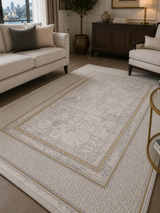 Kervan AK076 gray and gold Turkish rug laid flat showing warm gold accents woven across a soft gray ground