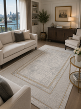 Close detail of Kervan AK076 gray and gold Turkish rug pile showing 12 mm height and golden patterned weave