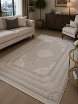 Kervan AK187 tonal gray Turkish rug laid flat showing subtle gray-on-gray pattern and soft woven pile surface