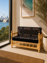 Navy diamond sedir cushion set with rustic wood chair and patterned cotton cushions for low Turkish majlis seating