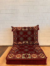 Maroon elegance floor cushion set with deep maroon cotton seat base and matching backrest for refined floor seating