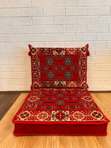 Red elegance floor cushion set with deep red cotton seat base and matching backrest for refined lounge floor seating