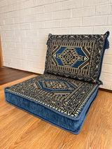 Side view of the blue seat and back floor cushions showing firm sponge filling and 10 cm height