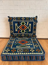 Blue rhombus floor cushion set with diamond-lattice cotton pattern across the square seat base and backrest