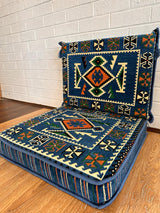 Two-piece blue rhombus floor cushion set arranged on the floor for patterned Turkish majlis seating
