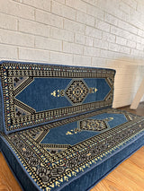 Blue Palace seat and back floor cushions styled together as a comfortable low seating corner