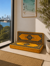 Yellow palace floor cushion set in patterned cotton, seat and back cushion set out for low Turkish floor seating