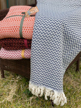 Close detail of the navy handwoven cotton throw revealing the hand-loomed weave and natural cotton fibre surface