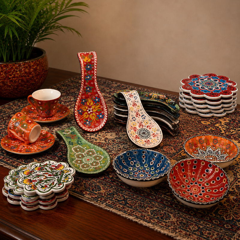 A hand-painted bowl on the table changes the room