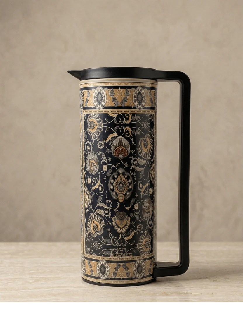 1L Stainless Steel Vacuum Jug – Black & Gold Ottoman Floral Thermal Carafe