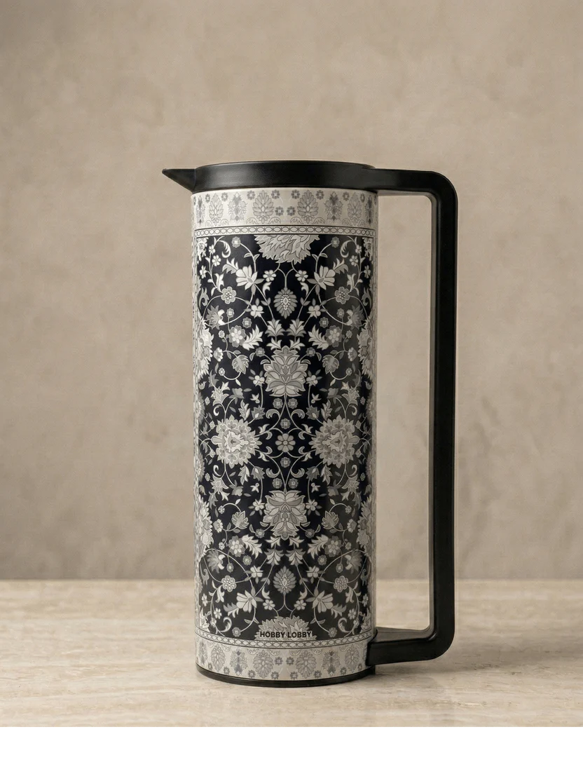 1L Stainless Steel Vacuum Jug – Black Ottoman Floral Design