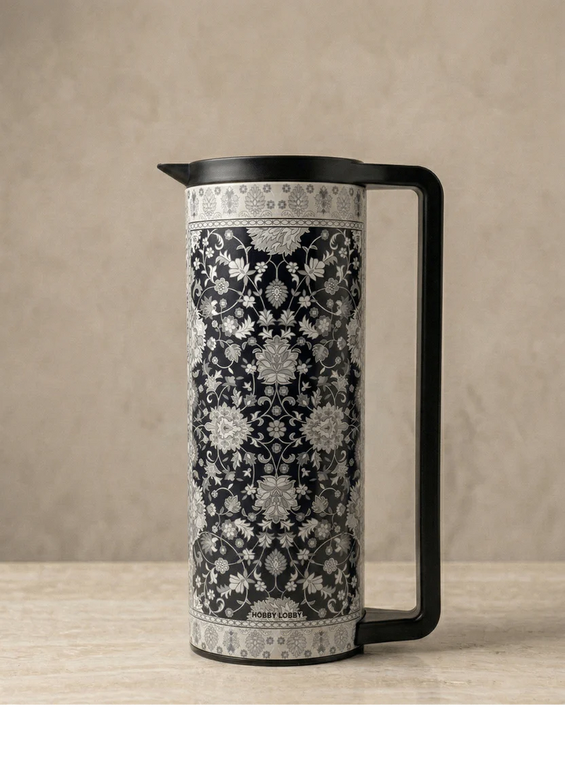1L Stainless Steel Vacuum Jug – Black Ottoman Floral Design