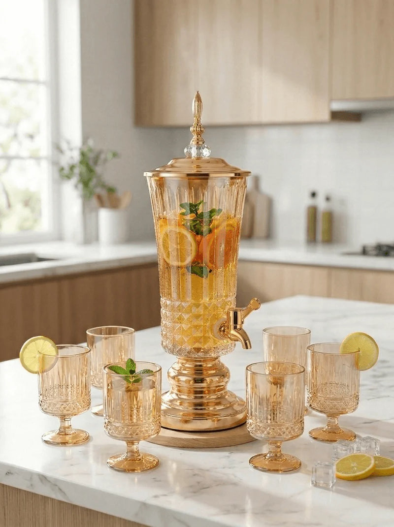 2.5L Gold Glass Beverage Dispenser Set – 7pcs with Tap