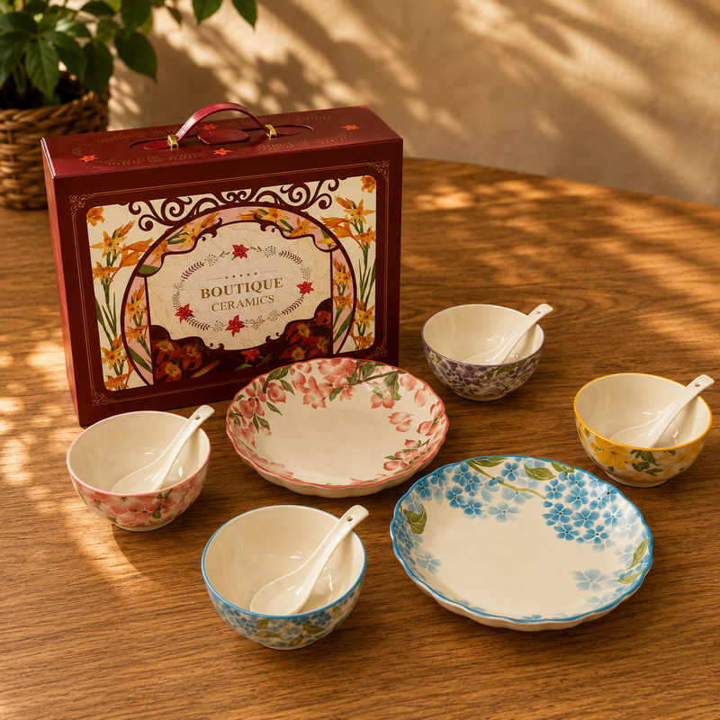 Ceramic Serving Set - Botanical Glazed 4 Bowls, 2 Plates & 4 Spoons