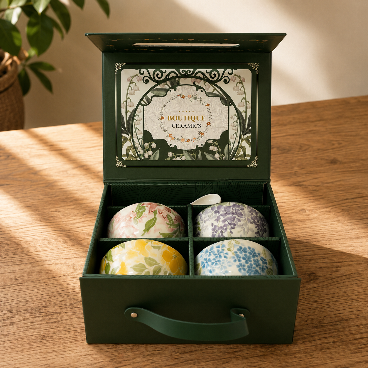 Ceramic Bowl Set - Botanical Glazed 4 Bowls & 4 Spoons
