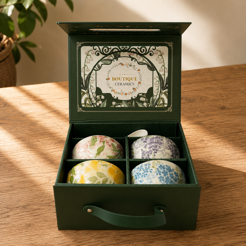 Ceramic Bowl Set - Botanical Glazed 4 Bowls & 4 Spoons