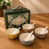 Ceramic Bowl Set - Botanical Glazed 4 Bowls & 4 Spoons
