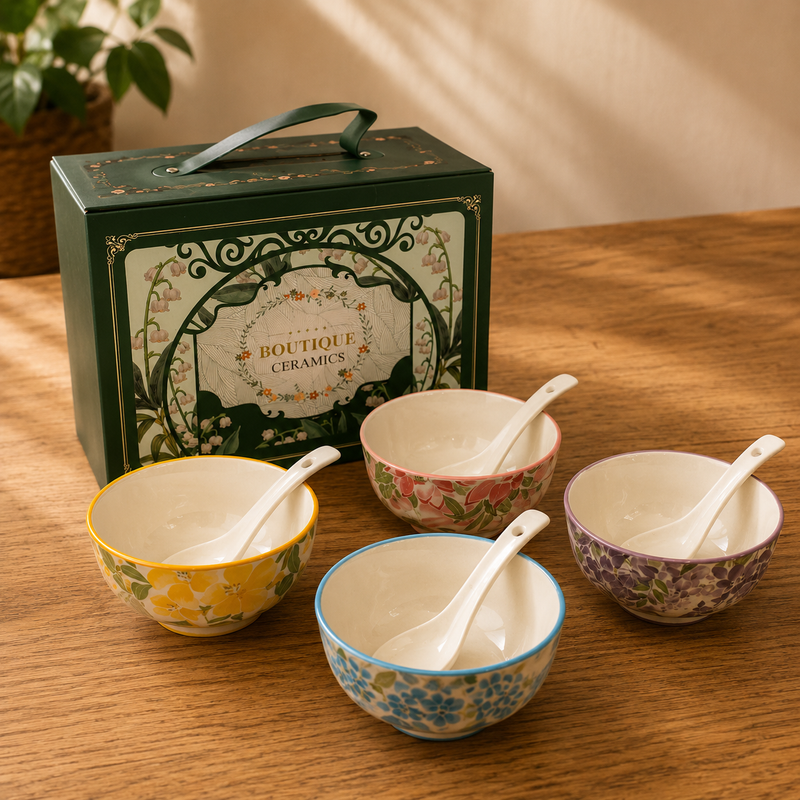 Ceramic Bowl Set - Botanical Glazed 4 Bowls & 4 Spoons