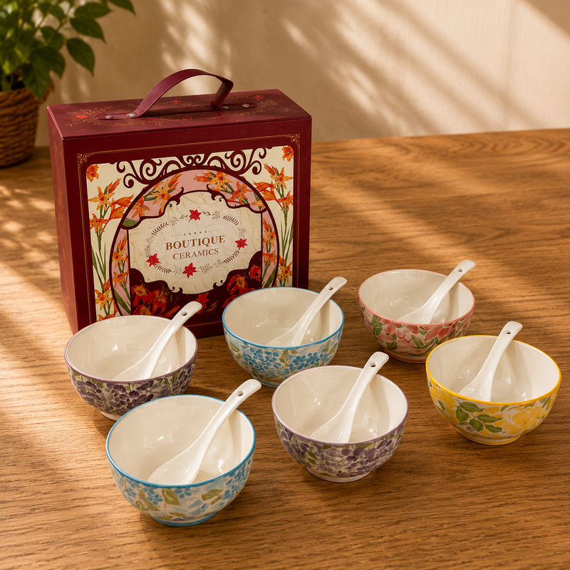 Ceramic Bowl Set - Botanical Glazed 6 Bowls & 6 Spoons