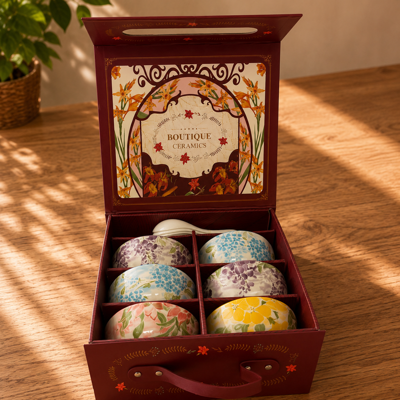Ceramic Bowl Set - Botanical Glazed 6 Bowls & 6 Spoons