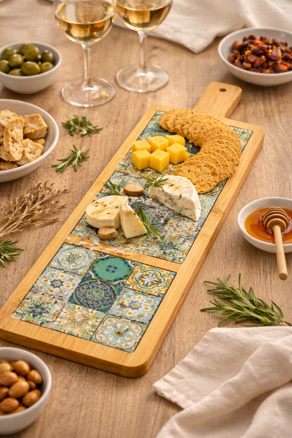 Long Wooden Serving Plate with Decorative Tile Design