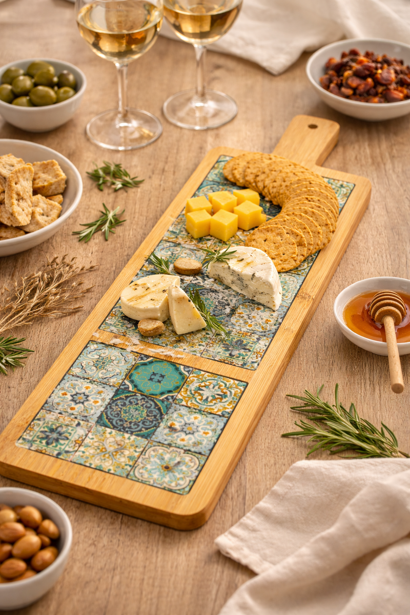 Long Wooden Serving Plate with Decorative Tile Design