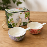 Ceramic Bowl Set - Botanical Glazed 2 Bowls & 2 Spoons