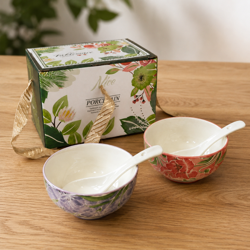 Ceramic Bowl Set - Botanical Glazed 2 Bowls & 2 Spoons