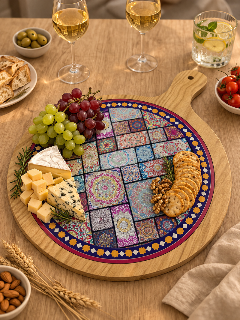 Wooden Serving Plate with Decorative Tile Design-2