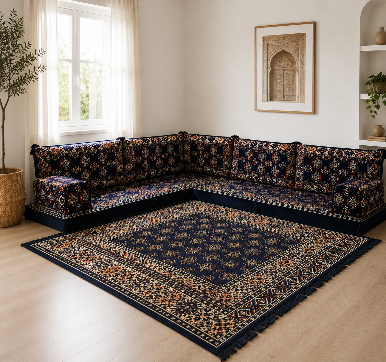 Navy Diamond L-Shaped Arabian Majlis