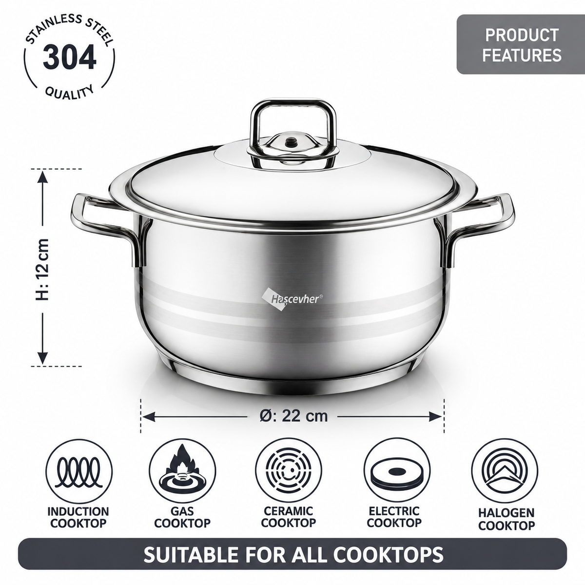 Hascevher Gastro Stainless Steel Cooking Pot 22x12 cm