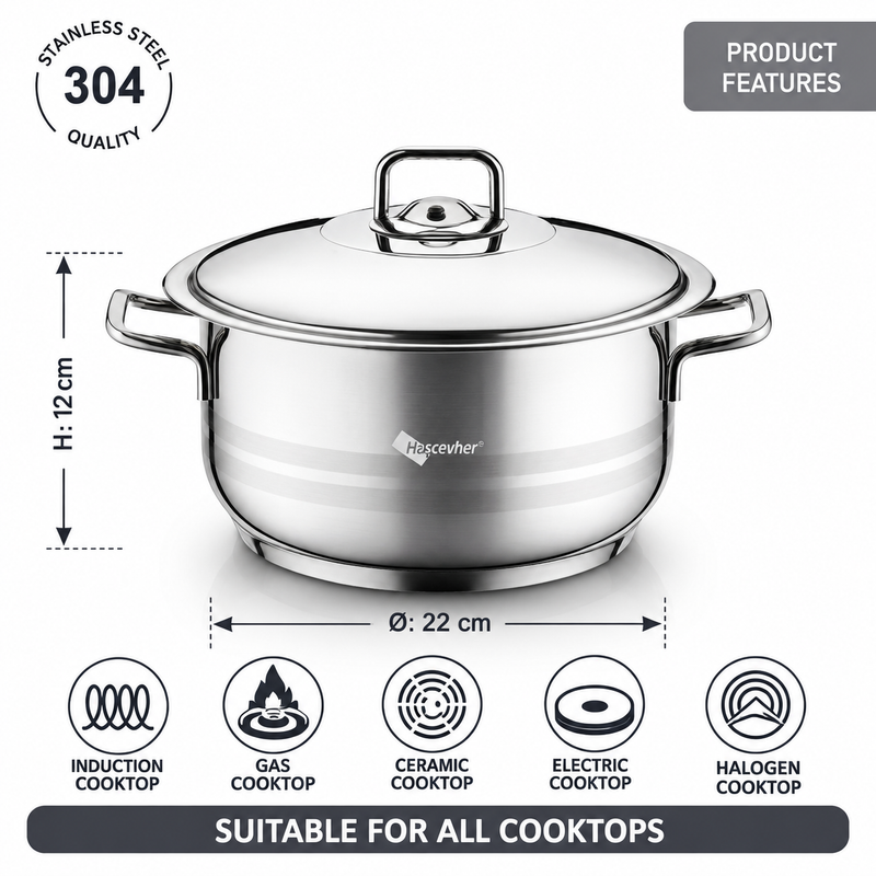 Hascevher Gastro Stainless Steel Cooking Pot 22x12 cm