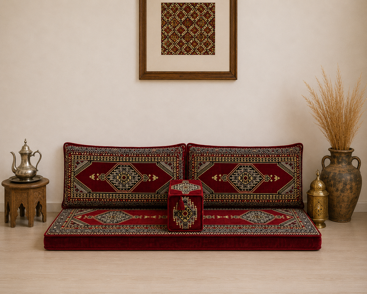 Arabian Majlis & Divan Set (Floor Cushions) Dark Red