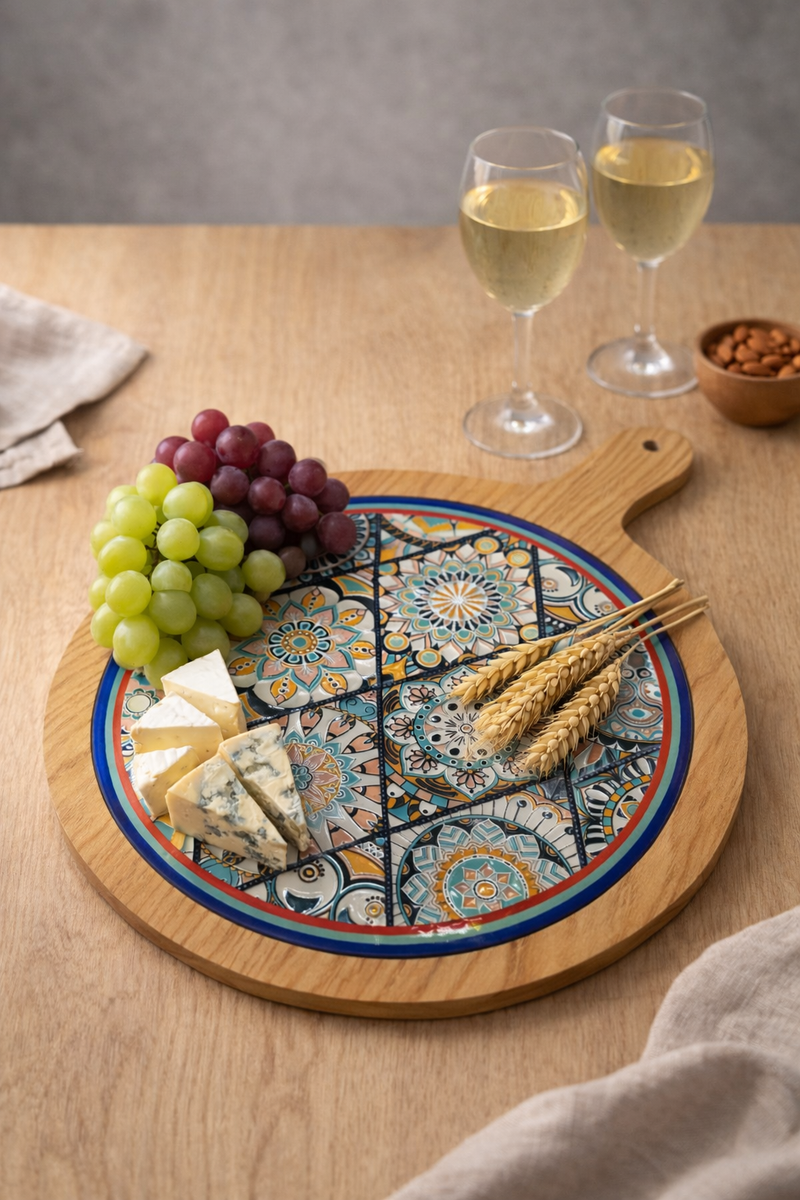 Wooden Serving Plate with Decorative Tile Design-1