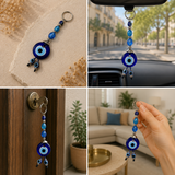Blue evil eye keychain displayed in various settings including a car, door, and living room.
