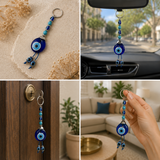 Collage of blue evil eye keychain in various settings including a car, door, and living room.