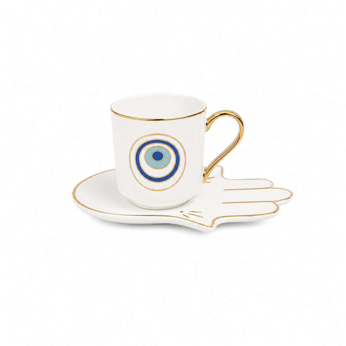 Evil Eye Coffee Cup with Hamsa Saucer | White & Gold