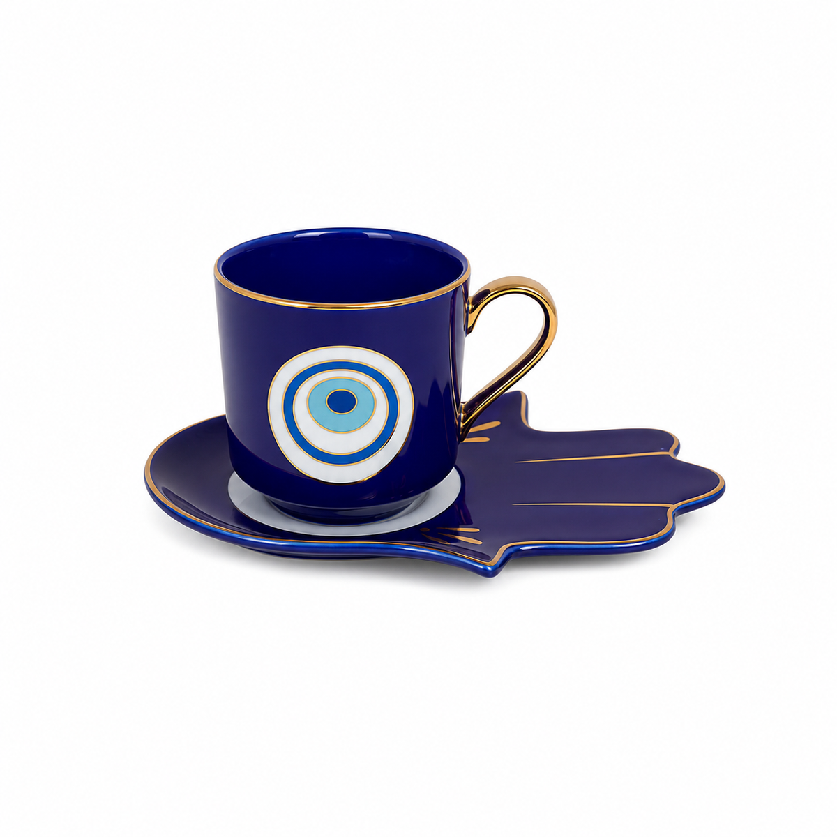 Evil Eye Coffee Cup with Hamsa Saucer | Blue & Gold