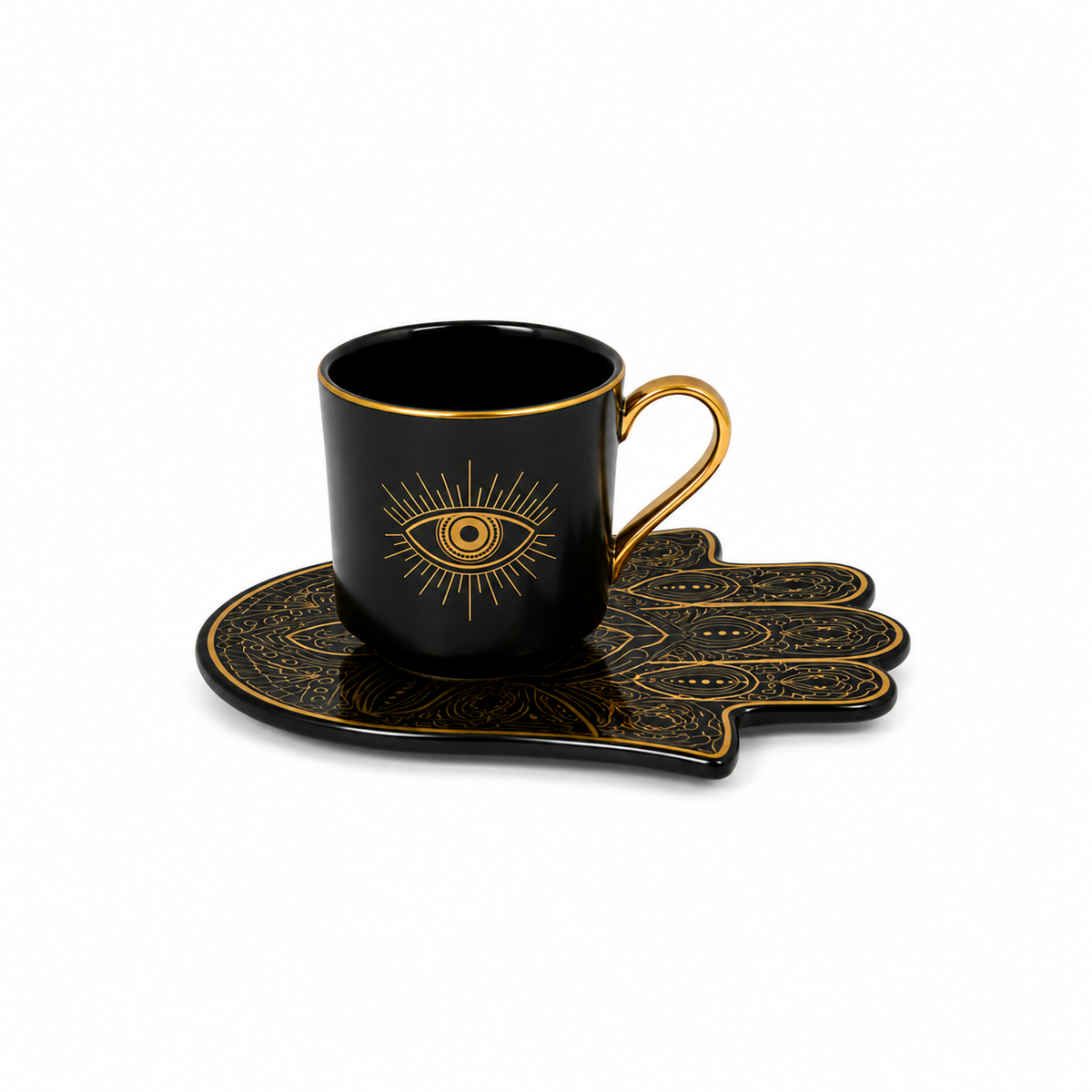 Evil Eye Coffee Cup with Hamsa Saucer | Black & Gold