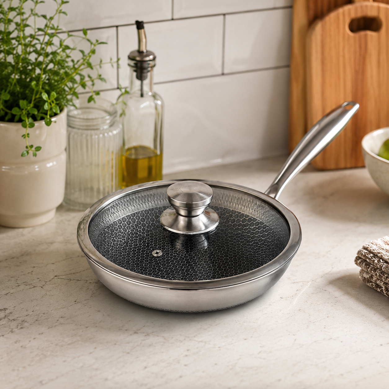 26cm Honeycomb Frying Pan with Glass Lid